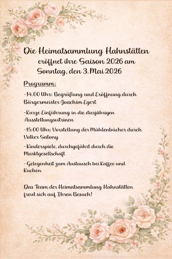 Zu sehen ist der Ablaufplan der Saisoneröffnung der Heimatsammlung Hahnstätten am 03.05.2026
