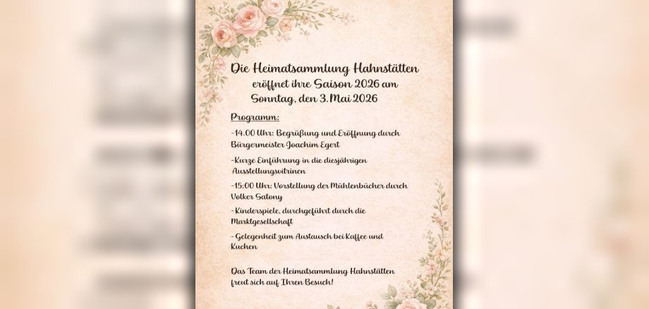 Zu sehen ist der Ablaufplan der Saisoneröffnung der Heimatsammlung Hahnstätten am 03.05.2026