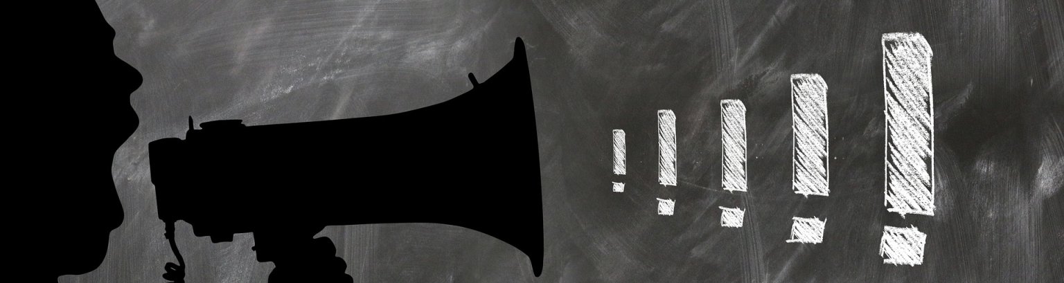 Amtl Bekanntmachungen Zu sehen ist eine Megafon, was grafisch mit Ausrufezeichen versehen ist und so sinnbildlich auf eine amtliche Bekannmachung aufmerksam machen soll