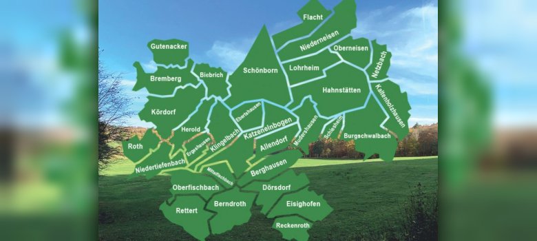 Zu sehen ist ein Karten-Ausschnitt als Übersicht der Orte innerhalb der Verbandsgemeinde Aar-Einrich