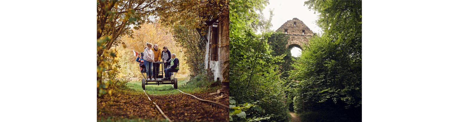 Aartal-Draisine und Brunnenburg Zu sehen ist links die Aartal-Draisine und rechts die Klosterruine Brunnenburg bei Bremberg.